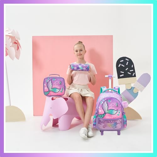 Meetbelify Mermaid Rolling Backpack for Girls Backpacks with Wheels for Elementary School Students Kids 3 in 1 Travel Luggage Suitcase with Lunch Box Pencil Case for Girls Age 8-10 - color: Mermaid 01