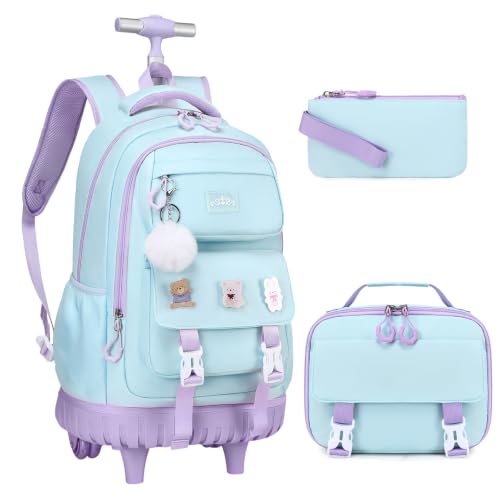 3-IN-1 Rolling Backpack for Girls with Lunch Bag Pencil case, Kawaii Backpack with Wheels for Girls, Roller School Bag with Wheels for Teen Elementary School Bookbags with Cute Pins Aquamarine-Purple - color: Aquamarine-purple