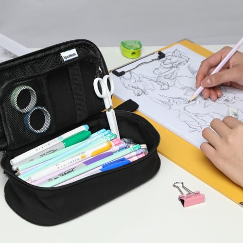 SPACEMATE Pencil Case Pouch Box Bag School Supplies Girls Boys Kids, Cute Preppy Stuff Large Big Capacity Aesthetic Pen Organizer, Back to College Stationary, Coal Black, Heavy Duty Canvas, 1800ml - color: Coal Black