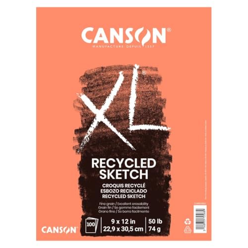 Canson XL Series Recycled Sketch Pad, 9" x 12", Top Bound, 50 lb. (74gsm), 100 Sheets/Pad, Case of 6 Pads, 600 Sheets Total - size: 9" x 12" (Pack of 6)