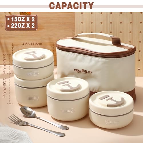 Dandat 4 Pcs Insulated Lunch Container, Portable Bento Box, Stainless Steel Lunch Box, Round Stackable Leakproof Thermal Food Container for Adult Men Women with Insulated Bag, 74 oz(Beige) - color: Beige