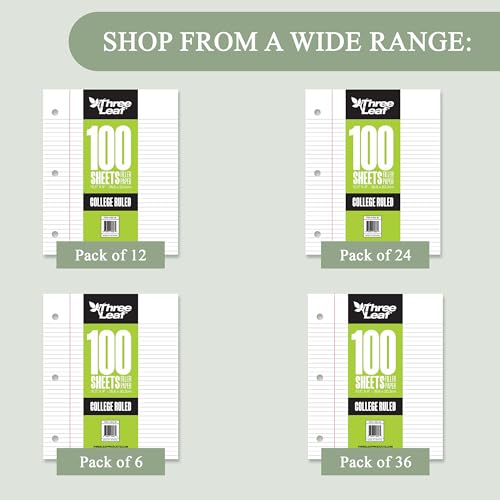 THREE LEAF 100 SHEETS COLLEGE RULED FILLER PAPER, PACK OF 12, LOOSE-LEAF SHEETS FOR SCHOOL AND OFFICE 100 CT. FILLER PAPER, NOTEBOOK PAPER - color: College Ruled, size: Pack of 12