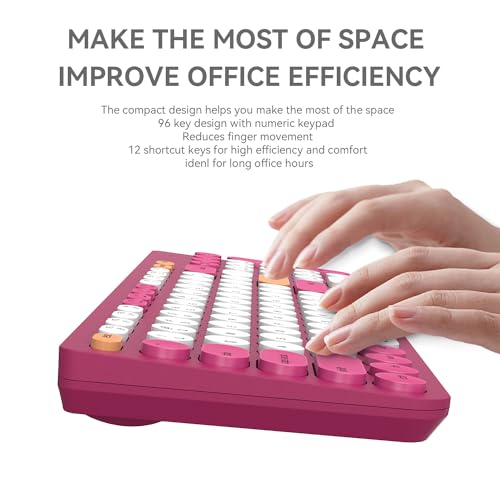 Wireless Keyboard and Mouse Combo, 2.4GHz Colorful Cute Round Keycaps Keyboard for Office Computer PC Desktops Laptop (96 Keys Rose Red) - color: 96 Keys Rose Red