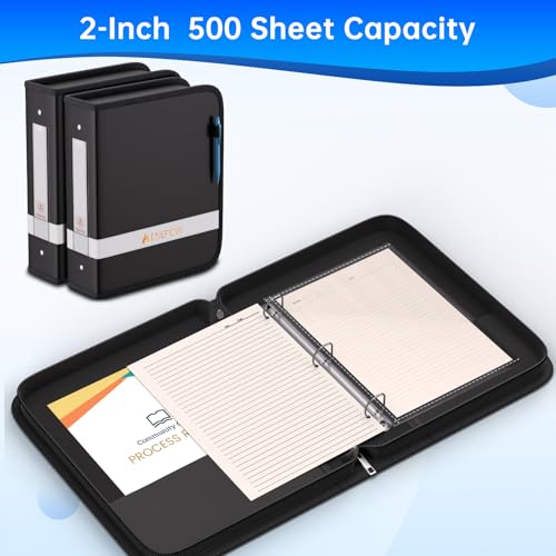 ENGPOW 3 Ring Binder,Fireproof 2 Inch D Ring Binder with Zipper,Holds 500 Sheets,Non-Stick,PVC-Free,Compatible with Clear Sheet Protectors,Portable School Office Home Safe Storage for Paper,Black - size: 2 inch
