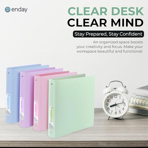 Enday 3 Ring Binder 1 inch (4 Pack) Pastel Flexible Binders Round Ring with Pocket, Holds 175 Sheets, for Home and School Supplies in Blue, Purple, Pink and Green – by Enday - size: 1-Inch