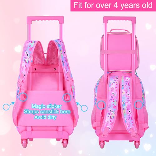 HPJGD 3PCS Owl Rolling Backpack for Girls, Kids School Backpacks with Wheels, Water Resistant UV Printed Roller Wheeled Bookbag Set - color: Glittering UV Priting Owl Pink Rolling Backpack