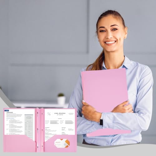 AHANDMAKER 12 Pack Plastic Folders with Pockets and Prongs, Durable 2 Pocket Project File Folders with 3 Prong Fasteners for Letter Size Papers Home School Office Business Use, Pink - color: Pink