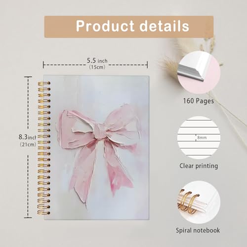 MOFUYU Pink Bows Notebook for Women,Coquette Pink Bow Spiral Notebook | Cute Notebooks for Women,Pink School Supplies Hardcover Spiral Notebook 5.5x8.3 Inch - color: white(Pink)