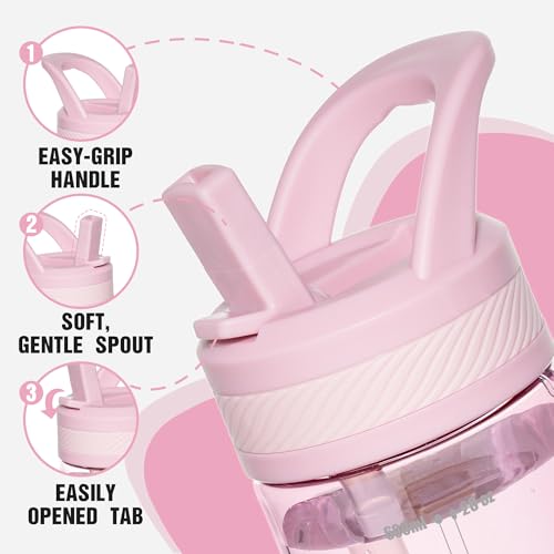OLDLEY 20oz Kids Water Bottle with Straw, BPA-Free Tritan Water Bottle for School, Leakproof Clear Water Bottle with One Click Open, Measurement Scale, Cup Holder Friendly for Boys Girls,Pink - color: Pink