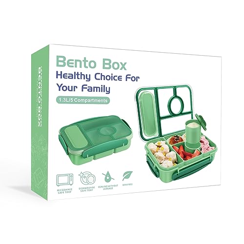 Amathley Bento Box Adult Lunch Box Kids,Lunch Containers for Adults/Kids/Toddler,5 Compartments Bento Lunch Box with Sauce Vontainers,Microwave & Dishwasher & Freezer Safe,BPA-Free (Green) - color: Green