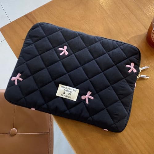 Cute Puffy Laptop Sleeve 13 Inch, Quilted Protective Case with Bow Embroidery, Coquette Y2K Preppy Kawaii Aesthetic Bag for 13” 14" Mac-Book & Laptops - color: Black-Bow