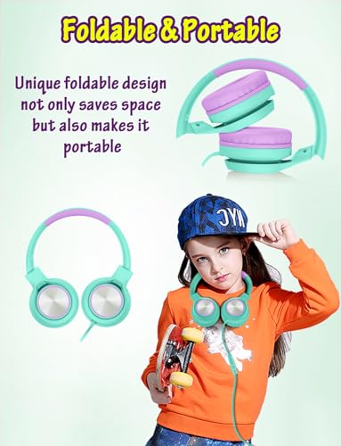 Voopwink Kids Headphones with Microphone, Wired Over Ear Headsets with Limited Volume 85dB/ 94dB for Boys Girls Teens Children Online School/Travel/iPad/Tablet/Cellphone - color: Light Green, size: Plug 3.5mm