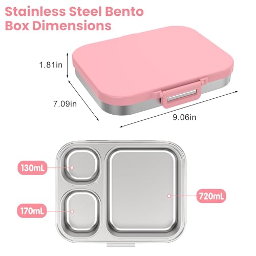 Pawtong Stainless Steel Bento Lunch Box for Kids | 3-Compartment Lunch Box Container Kids | 100% Leakproof, Eco-Friendly, Perfect Portion Control for Kids&Adult Healthy Meals (Pink) - color: Pink