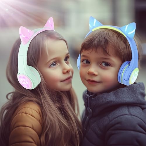 Riwbox CF9 Kids Bluetooth Headphones Cat Ear with LED Light Up,Safe 85dB Volume Limit,Built-in Mic&Boom Mic for Calls,Kids Wireless&Wired Headphones for Tablet/Airplane/School/Online Learning - color: Blue Green