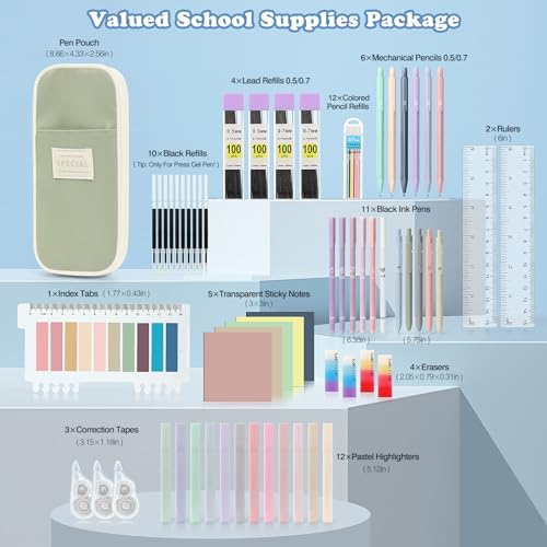 MoKo Pencil Case with Supplies, 60Pcs Aesthetic School Set, Green | Includes highlighters, gel and ballpoint pens, mechanical pencils, refills, sticky notes, correction tapes and rulers.