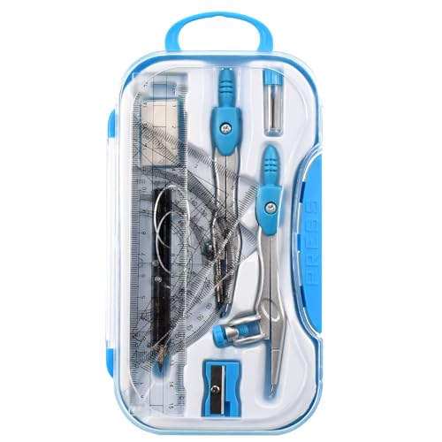 Vobou 10 pcs Math Geometry Set Student Supplies,Compass Kit Set (Blue) | Shatterproof Storage Box,Rulers,Protractor,Compass,Eraser,Pencil Sharpener,Lead Refills,Pencil,for School and Drawing - color: Blue-01