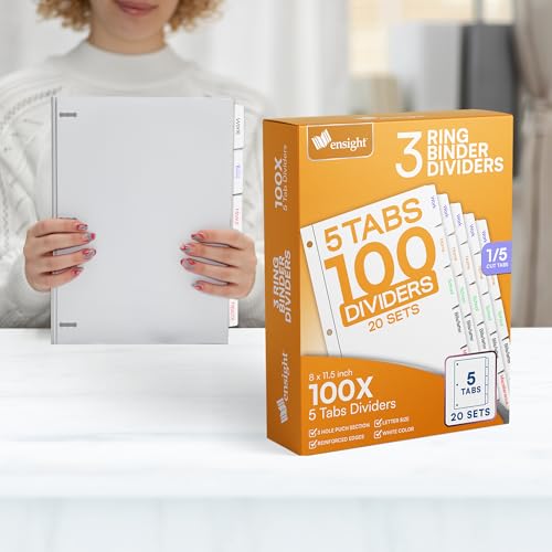 Ensight 3 Ring Page Dividers Bulk, 1/5 Cut Tab Dividers, 100 Per Box - Divider Pages with Tabs, Decorative Printable Rewritable Divider Tabs, Exhibit Tab Dividers for 3 Ring Binders Bulk - size: 5 Tabs With 20 Sets