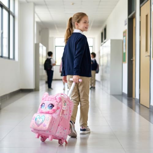 Girls Rolling Backpack for Kids with Wheels,Cute 3D Kids Rolling Backpack for School,Lightweight Kids Luggage for 6-8,Large Capacity BookBag with Wheels & Telescopic Handle - color: 3d Plush Cute Pink