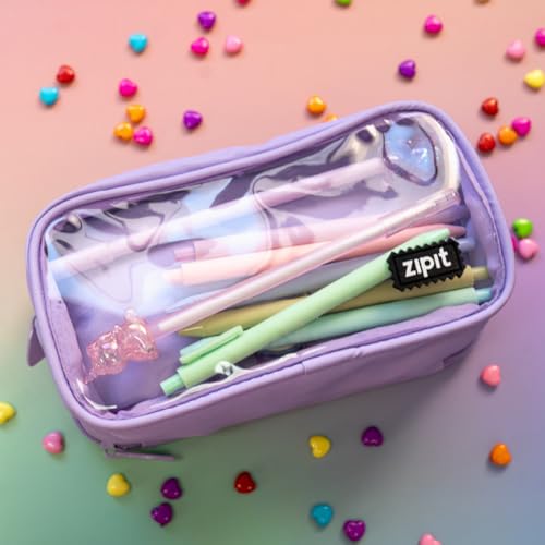 ZIPIT Half & Half Pencil Case for Girls, 3 Compartment Zipper Pouch for School, Stationery Bag for Teen and Adults, Purple - color: Light Purple