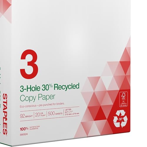 Staples 30% Recycled 8.5-Inch x 11-Inch Copy Paper 20 lbs 92 Brightness 500/Ream, For Office, School & Home - size: 500 Sheets, style: Recycled