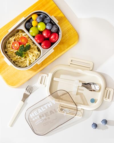 Lille Home 28oz Stainless Steel Leakproof 2-Compartment Bento Lunch Box/Portion Control Food Container with Lunch Bag and Cutlery Set, BPA Free (Beige) - color: Beige