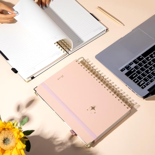 FLYING EAGLE Leather Spiral Notebooks for Work 5 Subject Notebook College Ruled with Dividers Pen, 360 Pages B5 Hardcover Lined Journals for Women Men Writing,Pink - color: C.pink