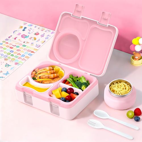 Bento Box for Kids, Leakproof Kids Bento Lunch Box Container with 8oz Insulated Thermo Food Jar, Sauce Jar, Utensil, DIY Stickers for School Boys Girls, 3-4 Compartments, BPA-Free - color: Pink