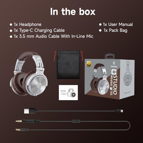 OneOdio Bluetooth Over Ear Headphones, 110 Hrs Wireless/Wired Stereo Sound Foldable Headsets with Deep Bass 50mm Neodymium Drivers for PC/Phone/Tablet - Studio Wireless Pro C, Silver - color: Silver