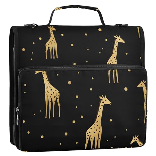 3 Ring Zipper Binder with Shoulder Strap Gold Giraffe Black 1.5 inch Binders Keeper Large Capacity Multi Pockets for School Office Supplies