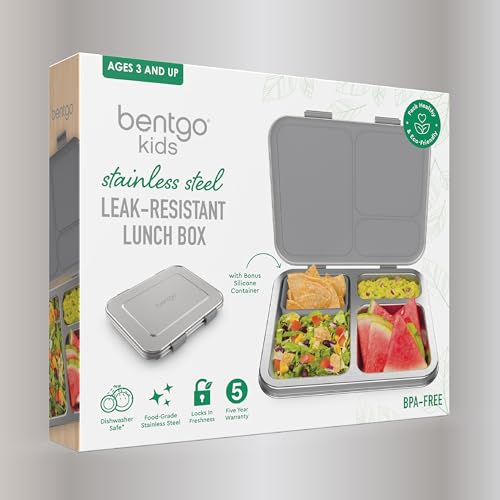 Bentgo Kids Stainless Steel Leak-Resistant Lunch Box - 3-Compartments with Bonus Silicone Container, Durable, Eco-Friendly, Dishwasher Safe, BPA-Free, Ideal for School, Ages 3+ (Silver) - color: Silver