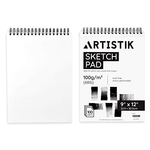ARTISTIK Spiral Sketch Pad – 100-Sheet Perforated Sketchbook for Pencil, Pastel & Crayon – 100 g/m²(68lb) Mixed Media Sketching & Writing Pad – 9" x 12", Pack of 2 - size: Sketch Pad 9 x 12"