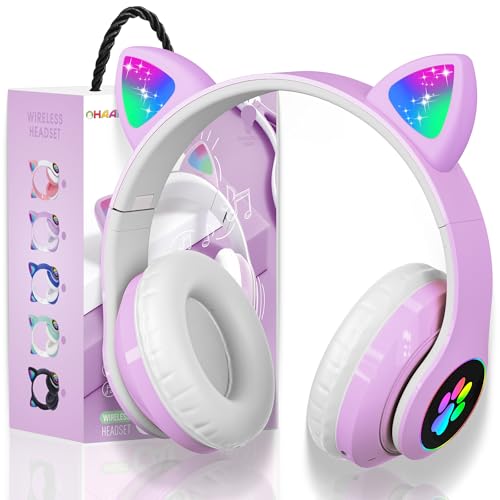 Kids Cat Ear Bluetooth Headphones, LED Light, Mic, Foldable | Foldable Cat Headphone, LED Light Up Ear, Cat Ear Headphones for Toddler, Microphone/TF Card - color: Purple