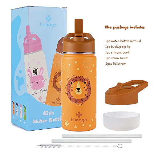 16 oz Stainless Steel Insulated Kids Water Bottle, Leak Proof Metal Thermal Flask with Straw lid, Cute Toddler Tumbler Cup for School Girls & Boys (Lion, Orange) - color: Lion, Orange