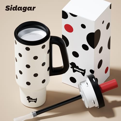 36oz Insulated Tumbler with Handle, Stainless Steel Water Bottle, Leak-Resistant Travel Coffee Mug with Push Button Lid, Cup Holder Friendly for Tea & Daily Use, White - color: Retro Polka Red