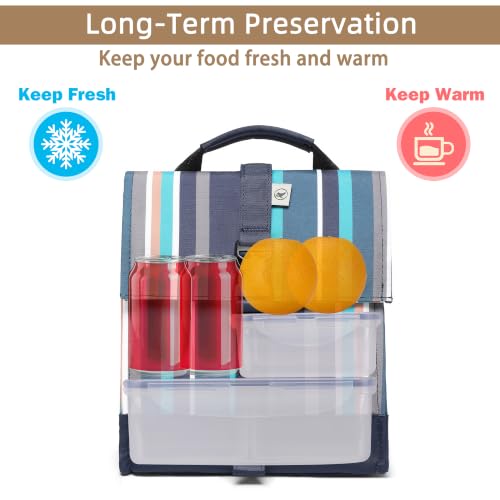SUNNY BIRD Insulated Lunch Bag Rolltop Lunch Box Tote Bag for Women, Men, Adults and Teens (Navy Teal Stripe) - color: Navy Teal Stripe