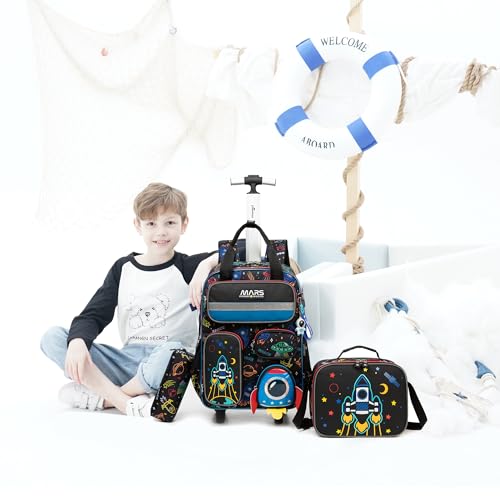 Kids Rolling Backpack with Wheels for Elementary Students 16inch 3 in 1 Boys Travel Luggage Carry on Backpack for Boys Ages 6-8 8-12 - color: B Black