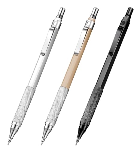 D & K Exclusives 3 Pack Metal Mechanical Pencils 0.5mm for Drafting, Sketching, Engineering, Art, Architecture, Hexagon Barrel, Metal Grip, Refillable, Ergonomic Design for Students & Professionals