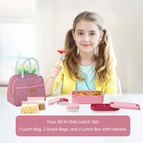 JBGOYON 4-in-1 Bento Box and Insulated Lunch Bag Set, Pink | 6-hour insulation, 7.5 L lunch bag, leakproof 1.9 L container with 2 sauce cups, fork and spoon, 2 snack bags, BPA-fre - color: Pink
