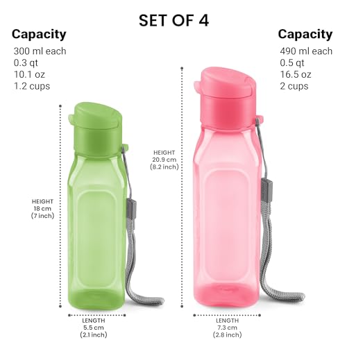 MILTON Bulk Water Bottles Set of 4 – 10 and 17oz Multicolor Bottles for Kids and Adults – Leak Proof with Carry Strap – Square Reusable Bottles for Juice, Drinks BPA-Free Dishwasher-Safe - color: Square Pink/Green