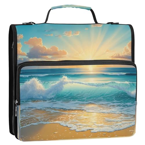 3 Ring Zipper Binder Sunrise Sunset Ocean Beach Binders Bag with Shoulder Strap 500 Sheets Paper Organizer Trapper Keeper Documents Storage File Folder for School Office - color: A493