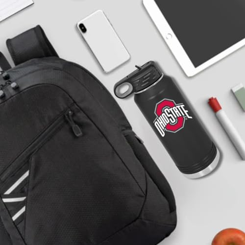 Ohio State University 32oz Stainless Steel Double Walled Black Beverage Bottle with Flip Straw Spout - College Gear for Playoff Season – For Office, Home or Auto – Show your Buckeye Pride - style: Ohio State / Black