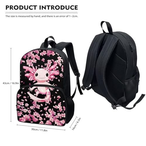 Cute Axolotl Backpack School Set 3Pcs with Lunch Box Pencil Case Sports Bookbag Back Pack Lightweight Casual Daypacks for Elementary Primary Middle School - color: Cute Axolotl