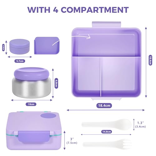 FOOYOO Bento Lunch Box Set for Kids & Adults, Leakproof 4-Compartment Container with Insulated Stainless Steel Food Jar, Utensils, BPA-Free, Microwave & Dishwasher Safe for School Work Travel(Purple) - color: Purple