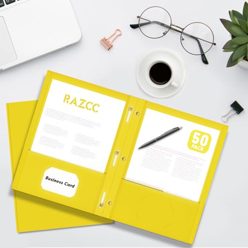Two Pocket Folders, RAZCC 75 Pack Two Pocket Folders with Prongs, 3 Prong Folders Fit Letter Size Paper, Pocket File Folders for School Office Home Business, Yellow - color: Yellow