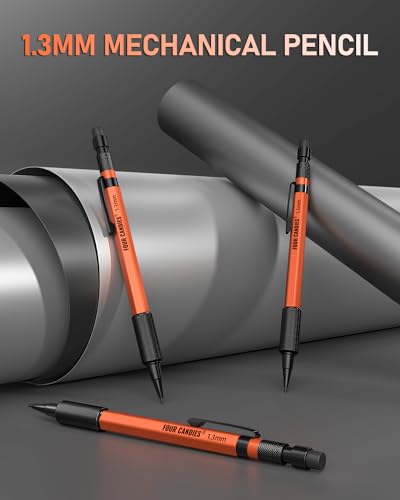 Four Candies 1.3mm Mechanical Pencil Set with 72 Lead Refills, 3PCS, Orange | 72 Refills (Red Yellow Black), 3 Erasers, Heavy Duty, Weatherproof Body for Adult Outdoor Construction Woodworking Marking - size: 3-Pack, style: Orange