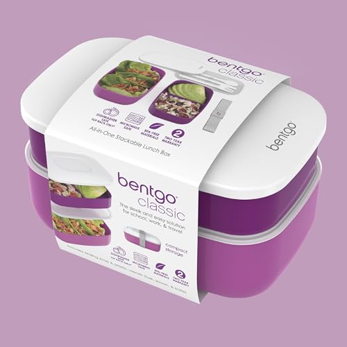 Bentgo Classic - Adult Bento Box, Stackable 3-Compartment Lunch Box with Removable Utensil Set and Sealing Strap, BPA-Free, Food Container Ideal for Meal Prep, Work, and On the Go (Purple) - color: Purple