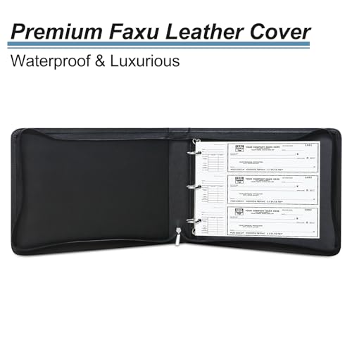 LLi Cufite 3 Rings Check Binder for End-Stub Deskbook Checks, Zipper Business Check Binder, 3 on a Page, Fit 3 & 9 Holes Check Faux Leather (9.5" x 12.6") (Black) - color: Black
