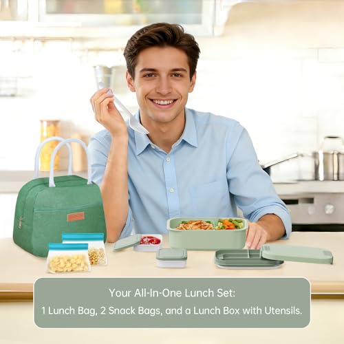 JBGOYON 4-in-1 Bento Box and Insulated Lunch Bag Set, Green | 6-hour insulation, 7.5 L lunch bag, leakproof 1.9 L container with 2 sauce cups, fork and spoon, 2 snack bags, BPA-fre - color: Green