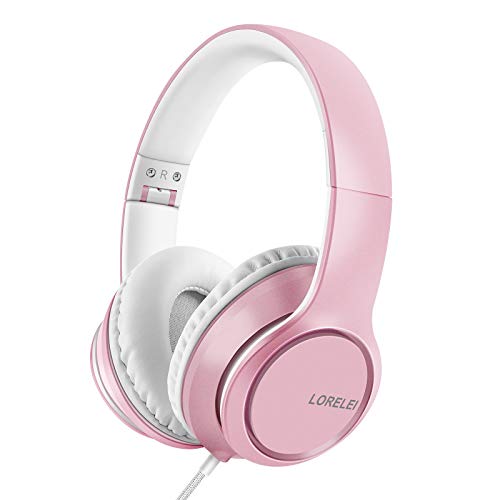 LORELEI X8 Over-Ear Wired Headphones with Microphone with 1.45m-Tangle-Free Nylon Line&3.5mm Plug,Lightweight Foldable & Portable Headphones for Smartphone,Tablet,Computer,Mp3/4(Pearl Pink) - color: Pearl Pink