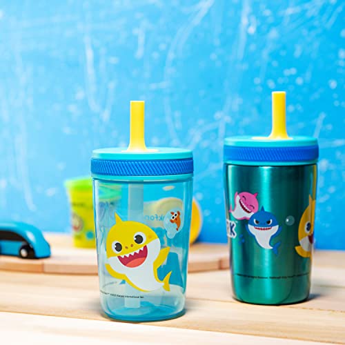 Zak Designs Baby Shark Kelso Tumbler Set, Leak-Proof Screw-On Lid with Straw, Bundle for Kids Includes Plastic and Stainless Steel Cups with Bonus Sipper (3pc Set, Non-BPA) - color: Baby Shark, size: 3 Piece Set (Pack of 1)